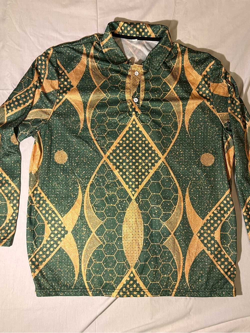 Men's Long-Sleeve Green and Gold Patterned Shirt